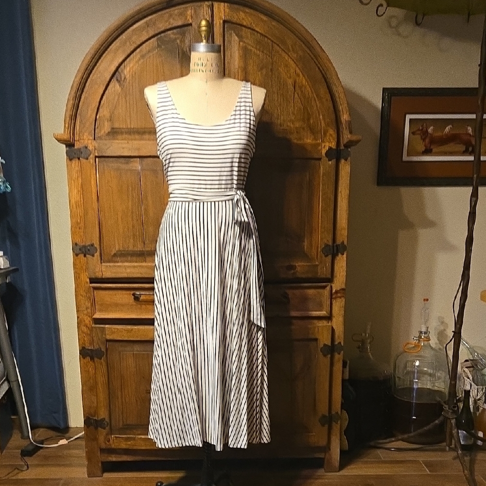LOFT Black and White Striped Midi Dress